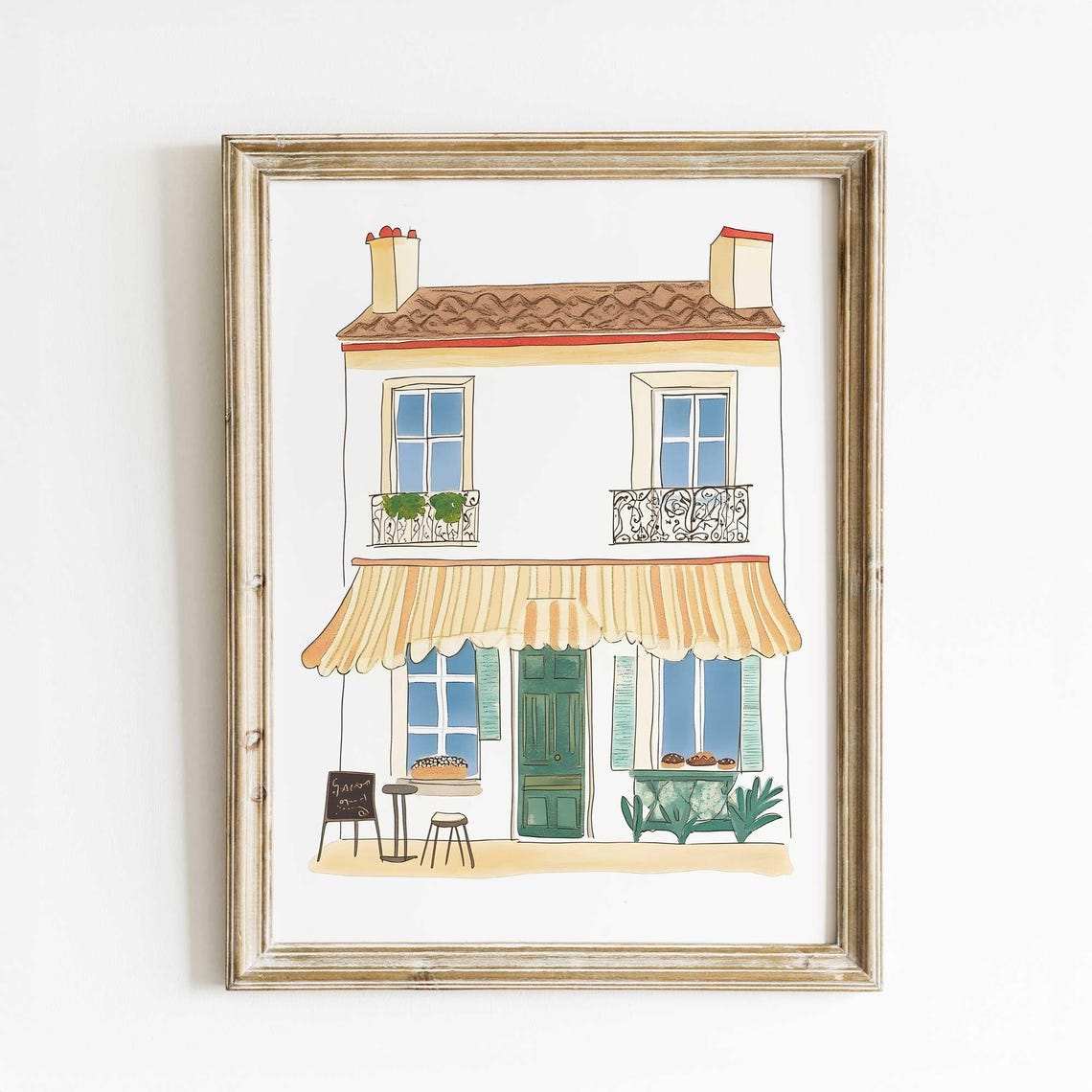 Paris Cafe Bakery Watercolor Poster With Green Door And Striped Awning