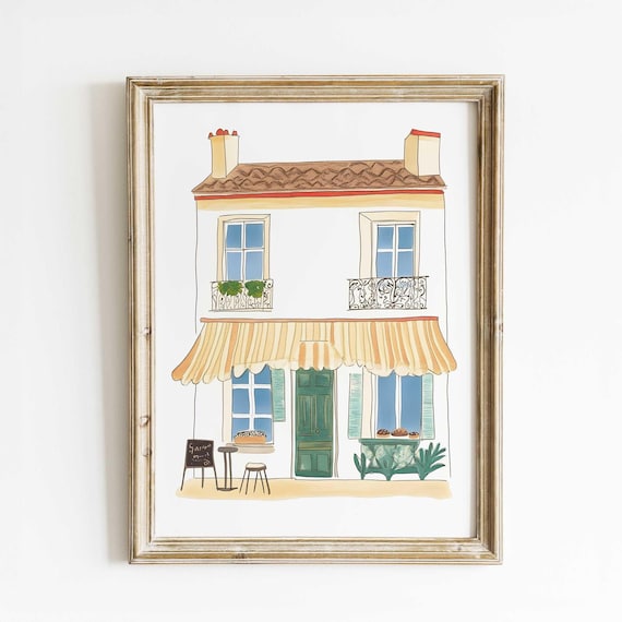 Paris Cafe Bakery Watercolor Poster With Green Door And Striped Awning