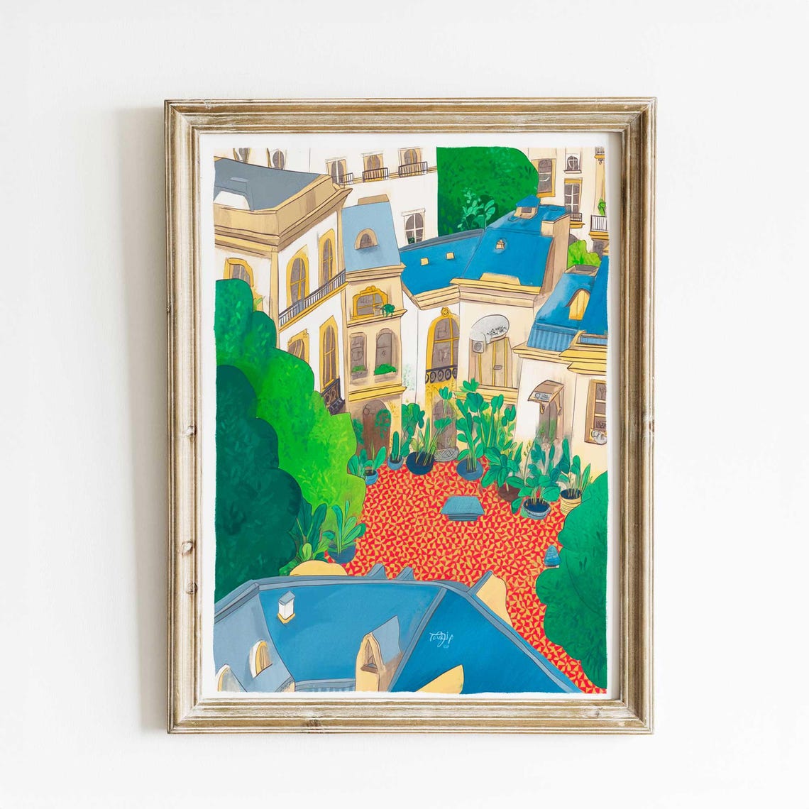 Vibrant Mediterranean Courtyard Watercolor Poster with Blue Rooftops