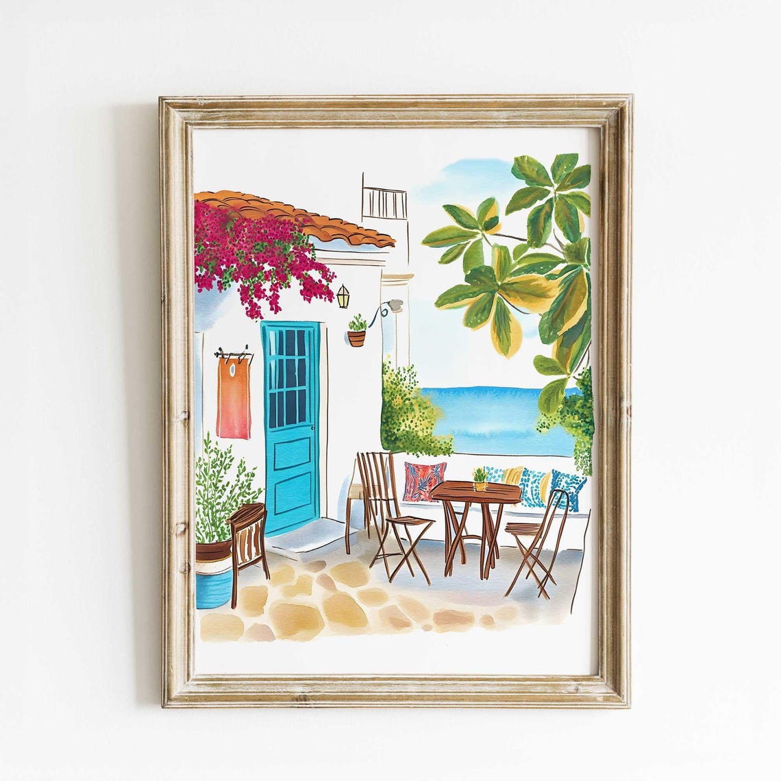 Santorini Terrace Watercolor with Bougainvillea and Sea View Poster
