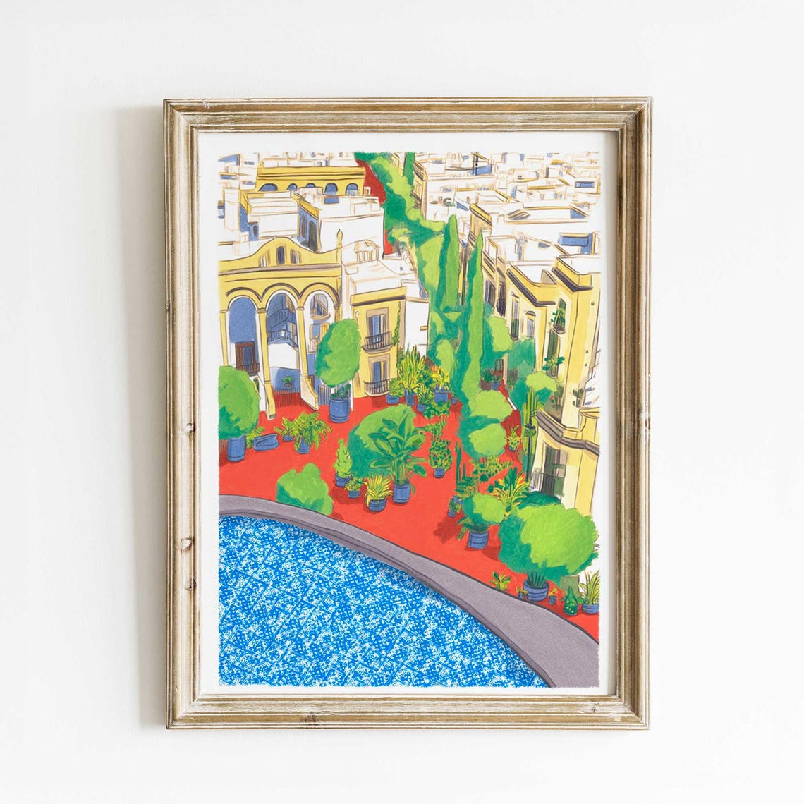 Mediterranean Terrace Watercolor Poster with Blue Mosaic Courtyard