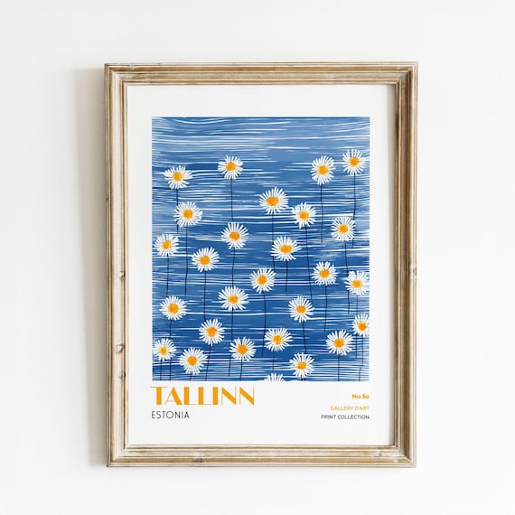 Tallinn Estonia Daisy Wall Art Print Modern Blue Floral Poster Scandinavian Minimalist Botanical Illustration
