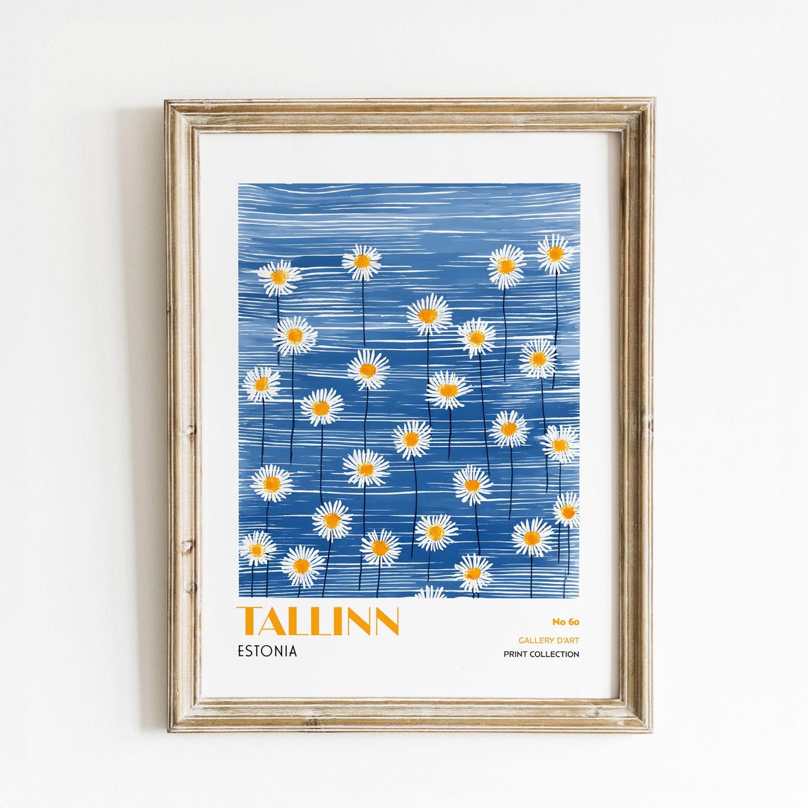 Tallinn Estonia White Daisy Field On Blue Minimalist Travel Poster