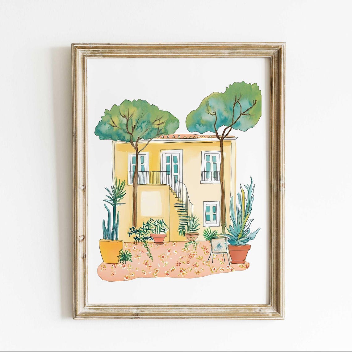 Tuscany Yellow Villa Watercolor Painting With Pine Trees Poster