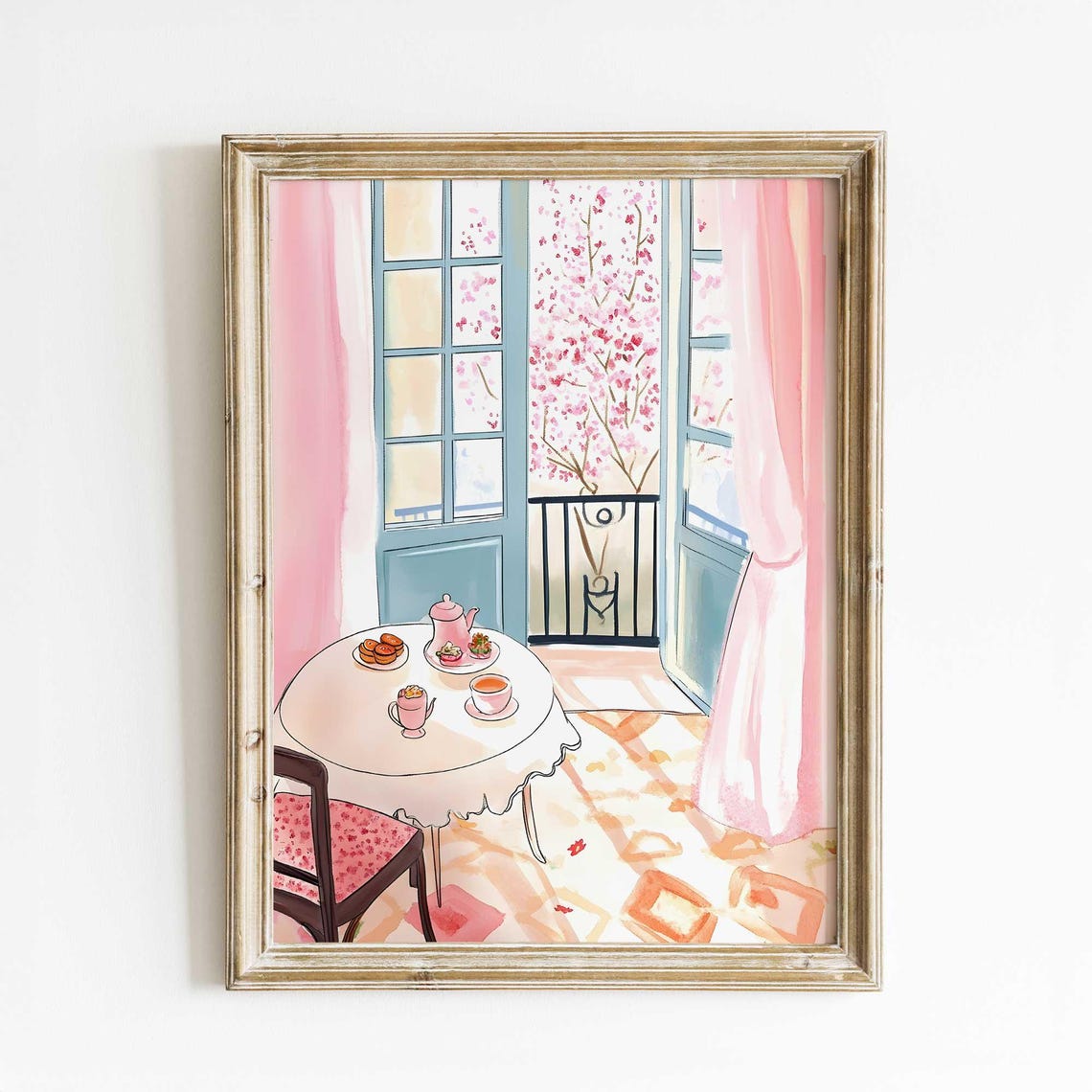 French Cafe Window Scene with Cherry Blossoms Tea Time Poster