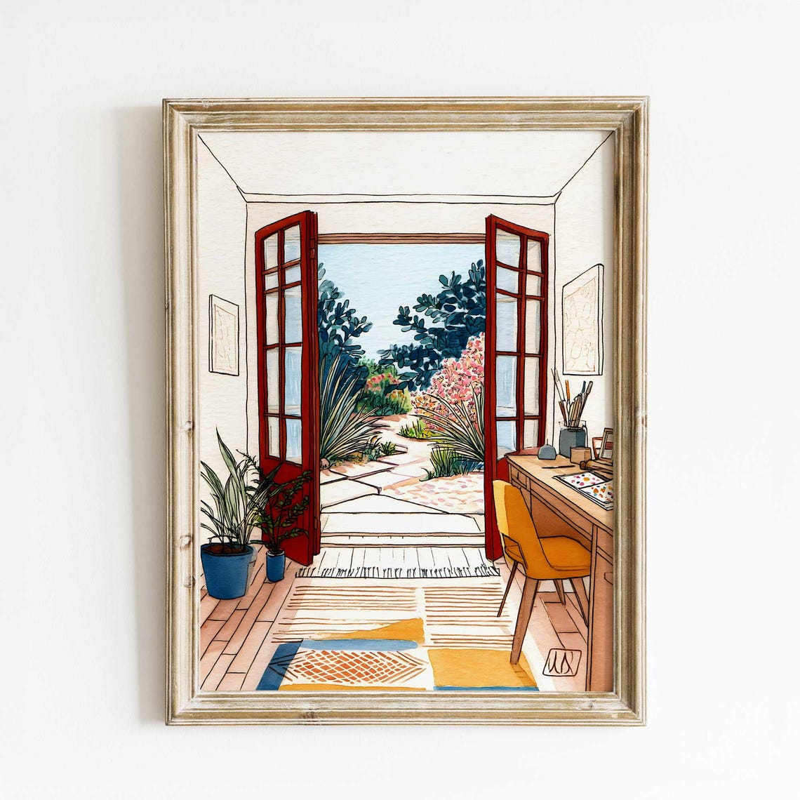 Artist Studio French Doors Garden View Watercolor Interior Poster