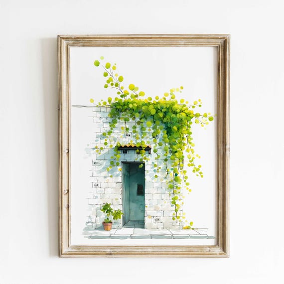 Mediterranean Green Vine Wall Art White Stone House Watercolor Print Minimalist Botanical Poster Serene Architecture Artwork