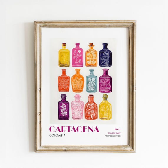 Cartagena Colorful Bottles Wall Art Vibrant Botanical Print Modern Tropical Kitchen Bar Decor