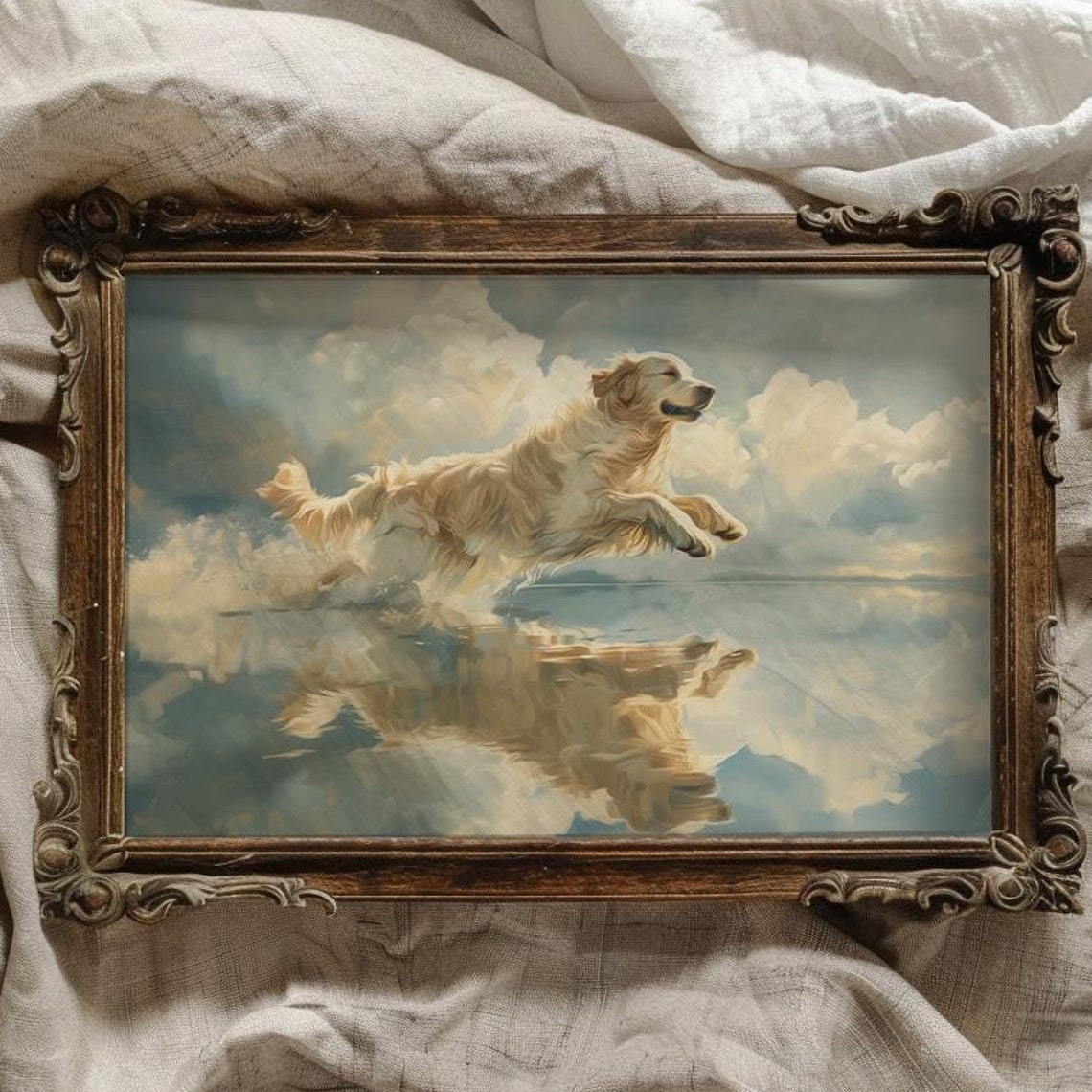 Golden Retriever Leaping Over Reflective Water Dreamlike Poster