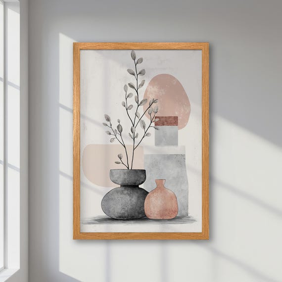 Elegant Framed Abstract Poster Soft Hues Pastel Gray And Beige Art With Geometric Shapes Modern Minimalism Art For Contemporary Decor