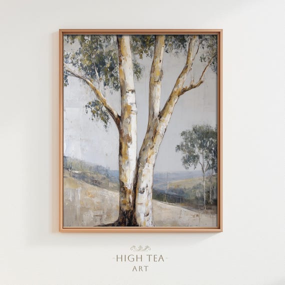 Gum Tree Oil Painting Art Print Neutral Australian Eucalyptus White Bark Muted Nature Wall Decor Hta413