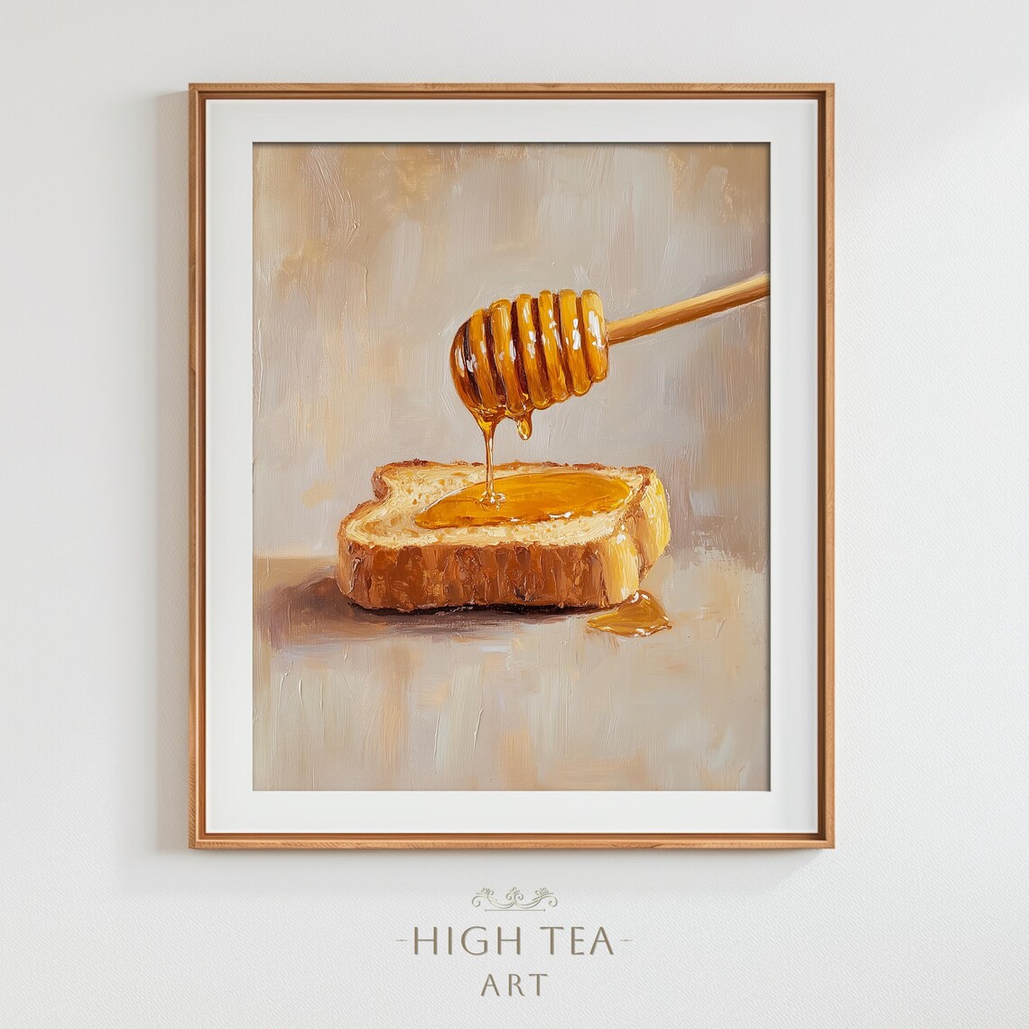 Honey Dipper Dripping Over Toast Golden Oil Painting Kitchen Wall Poster