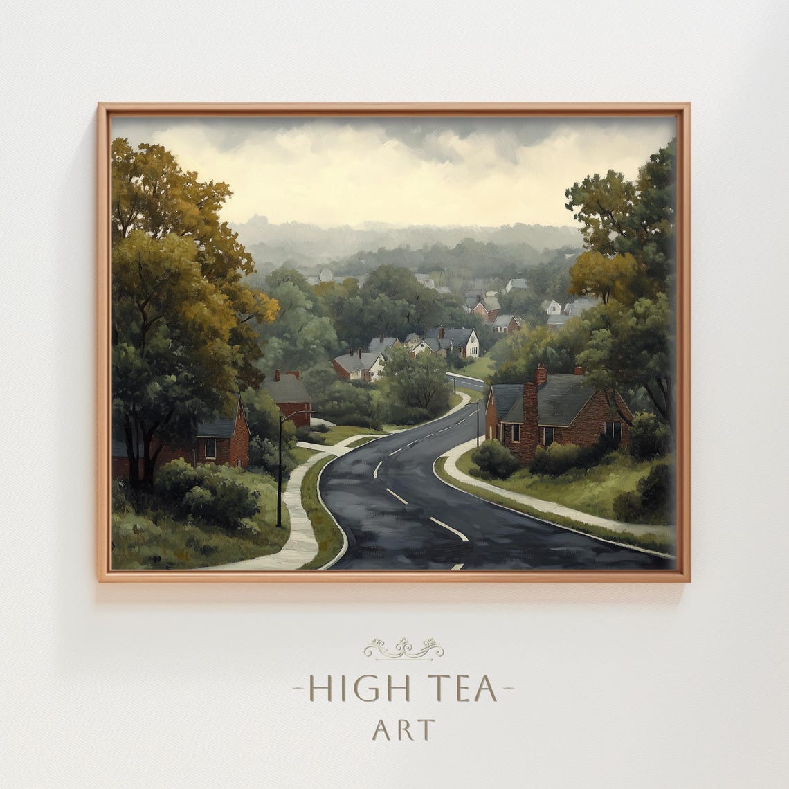 Moody Suburban Leafy Town Road Overcast Green Landscape Wall Art