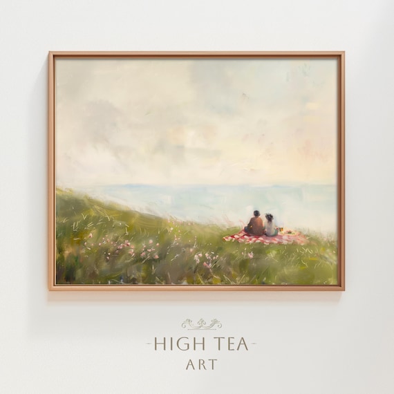 Couple Picnic on Seaside Cliff in Wildflower Meadow Romantic Art Poster
