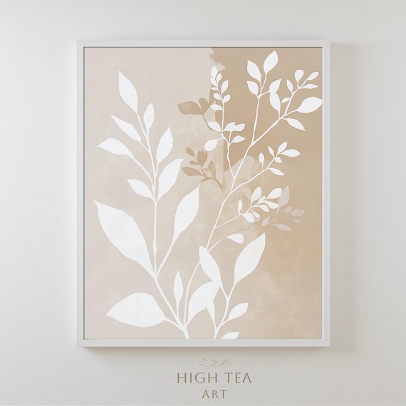 White Foliage Silhouette Beige Watercolor Botanical Minimalist Print