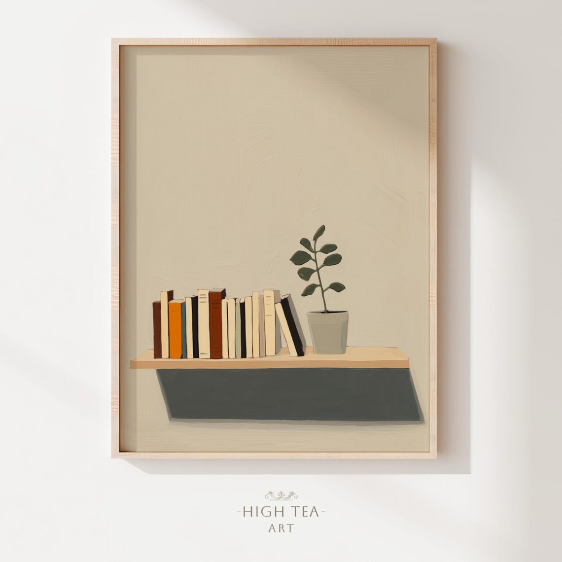 Minimalist Bookshelf With Potted Plant Calm Reading Nook Art Print