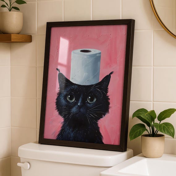 Black Cat Bathroom Art Print, Funny Home Decor