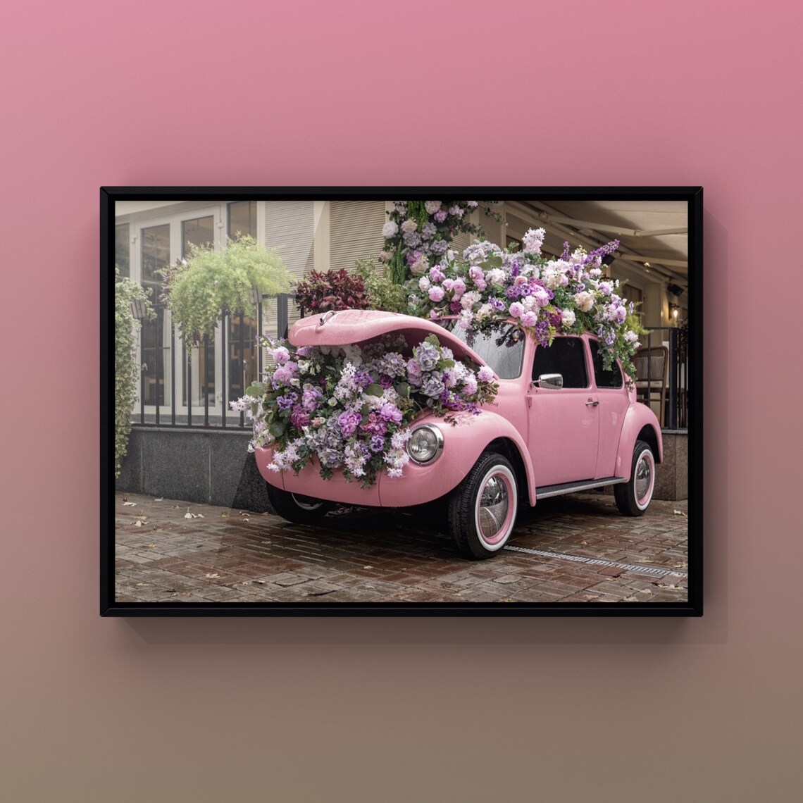 Pink Volkswagen Beetle Covered in Flowers Retro Car Photo Wall Art