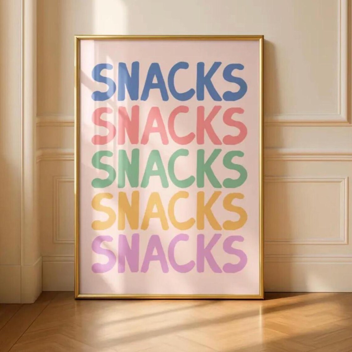 Snacks Repeated In Colorful Pastel Letters Fun Playful Kitchen Quote Poster