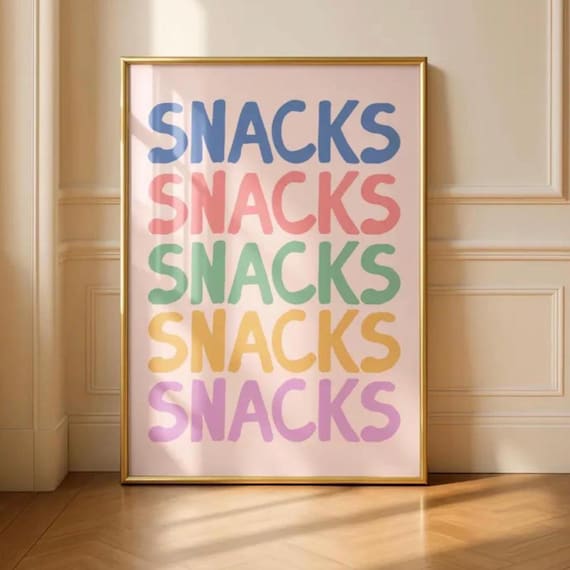Snacks Repeated In Colorful Pastel Letters Fun Playful Kitchen Quote Poster