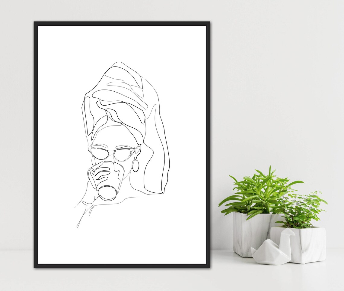 Woman With Towel and Sunglasses Line Art Bathroom Beauty Poster - Image 2