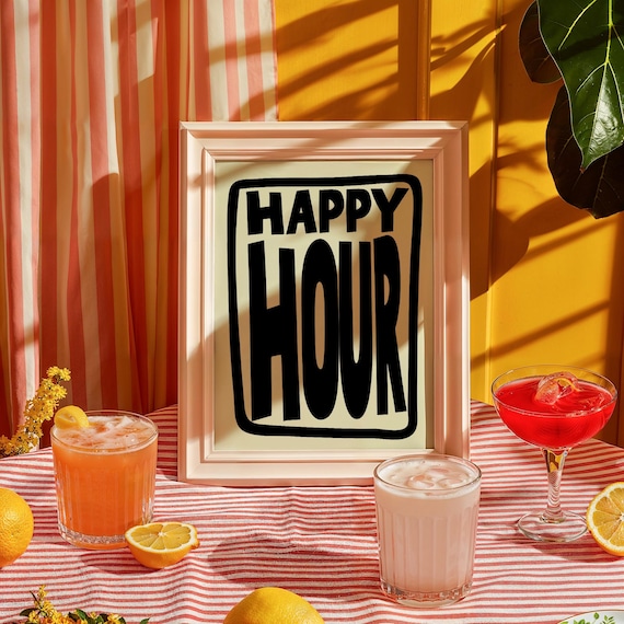 Happy Hour Cocktail Print Colorful Illustration Bartender Wall Art Part Decor Party Time