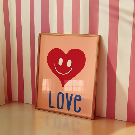 Smiley Heart Love Word Playful Kids Nursery Retro Art Poster