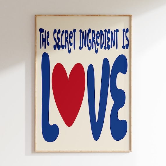The Secret Ingredient Is Love Retro Blue Kitchen Quote Poster