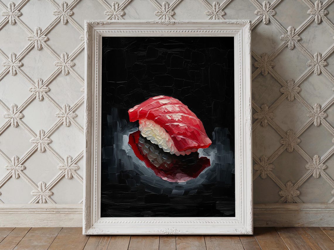 Tuna Nigiri Sushi Impasto Oil Painting Bold Black Kitchen Poster