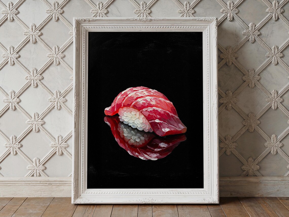 Tuna Nigiri Sushi Impasto Oil Painting Maguro Black Background Japanese Food Wall Art