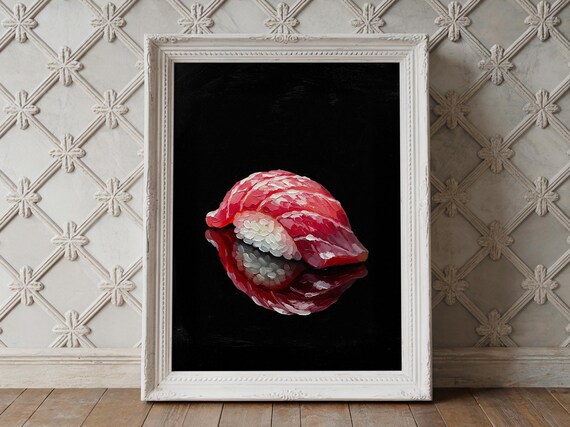 Tuna Nigiri Sushi Impasto Oil Painting Maguro Black Background Japanese Food Wall Art