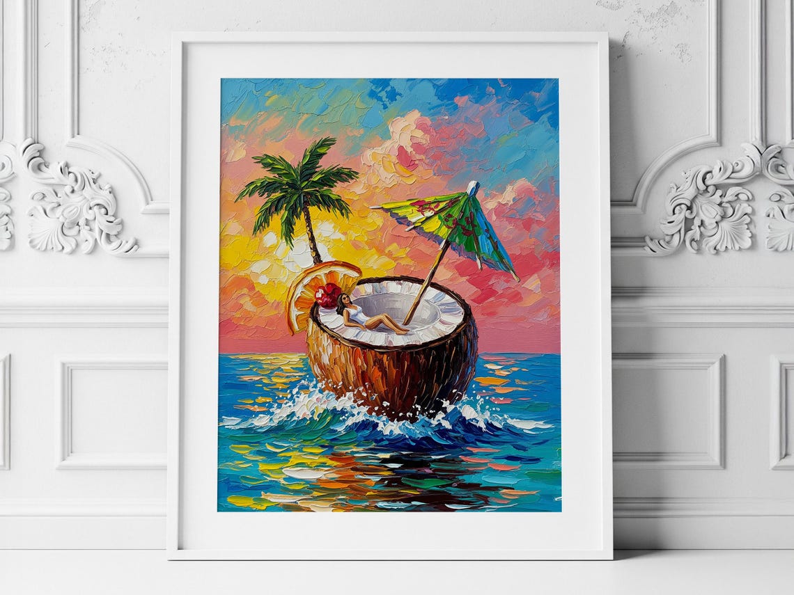 Woman Lounging in Giant Coconut Shell Tropical Sunset Impasto Wall Art