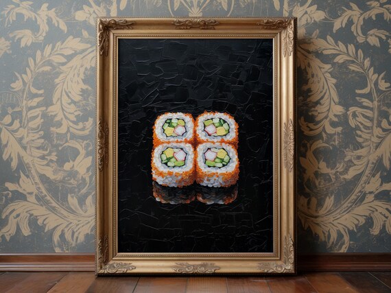 Sushi Rolls Impasto Oil Painting California Rolls Tobiko Black Background Foodie Wall Art