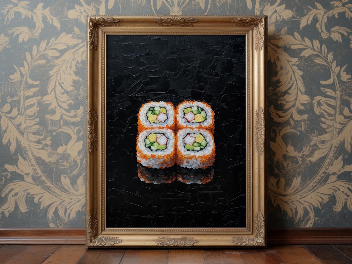 Sushi Rolls Impasto Oil Painting California Rolls Tobiko Black Background Foodie Wall Art