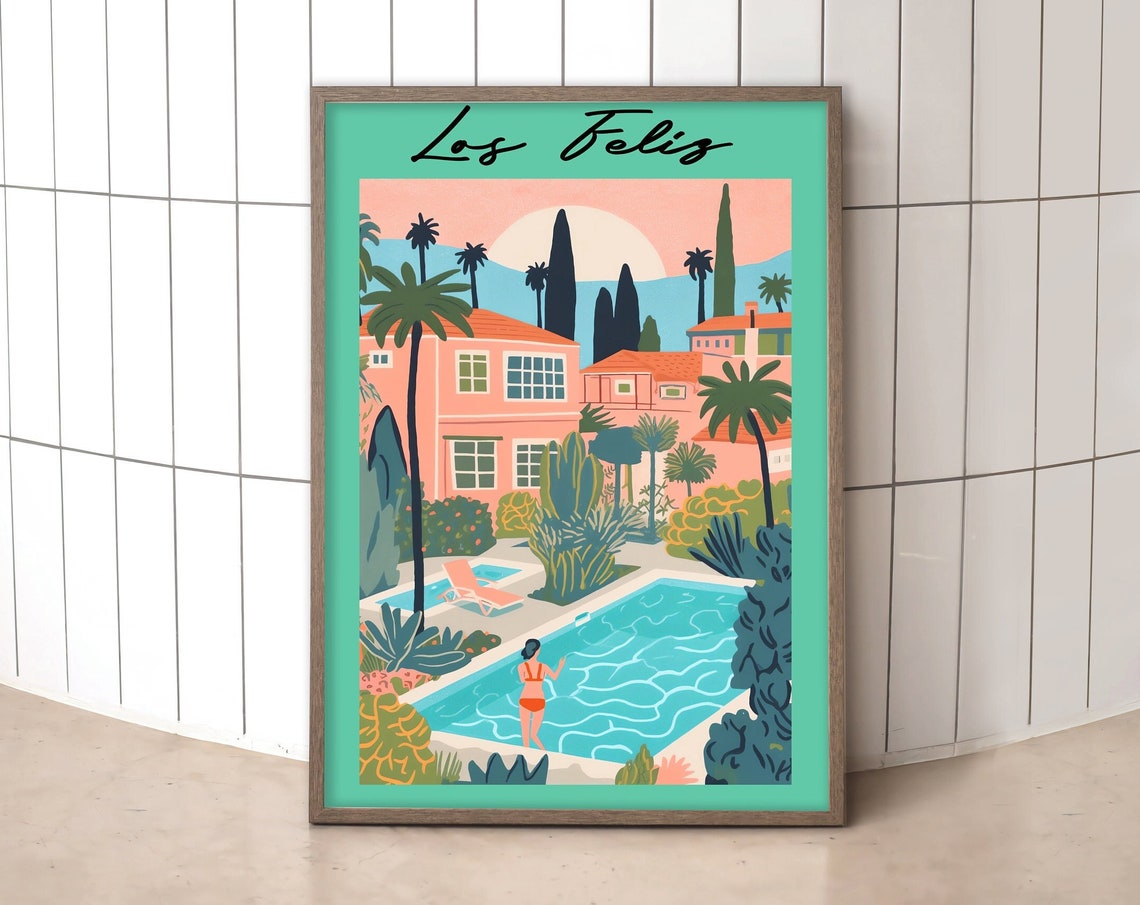 Los Feliz Los Angeles Poolside Sunset Villa Illustrated Travel Poster