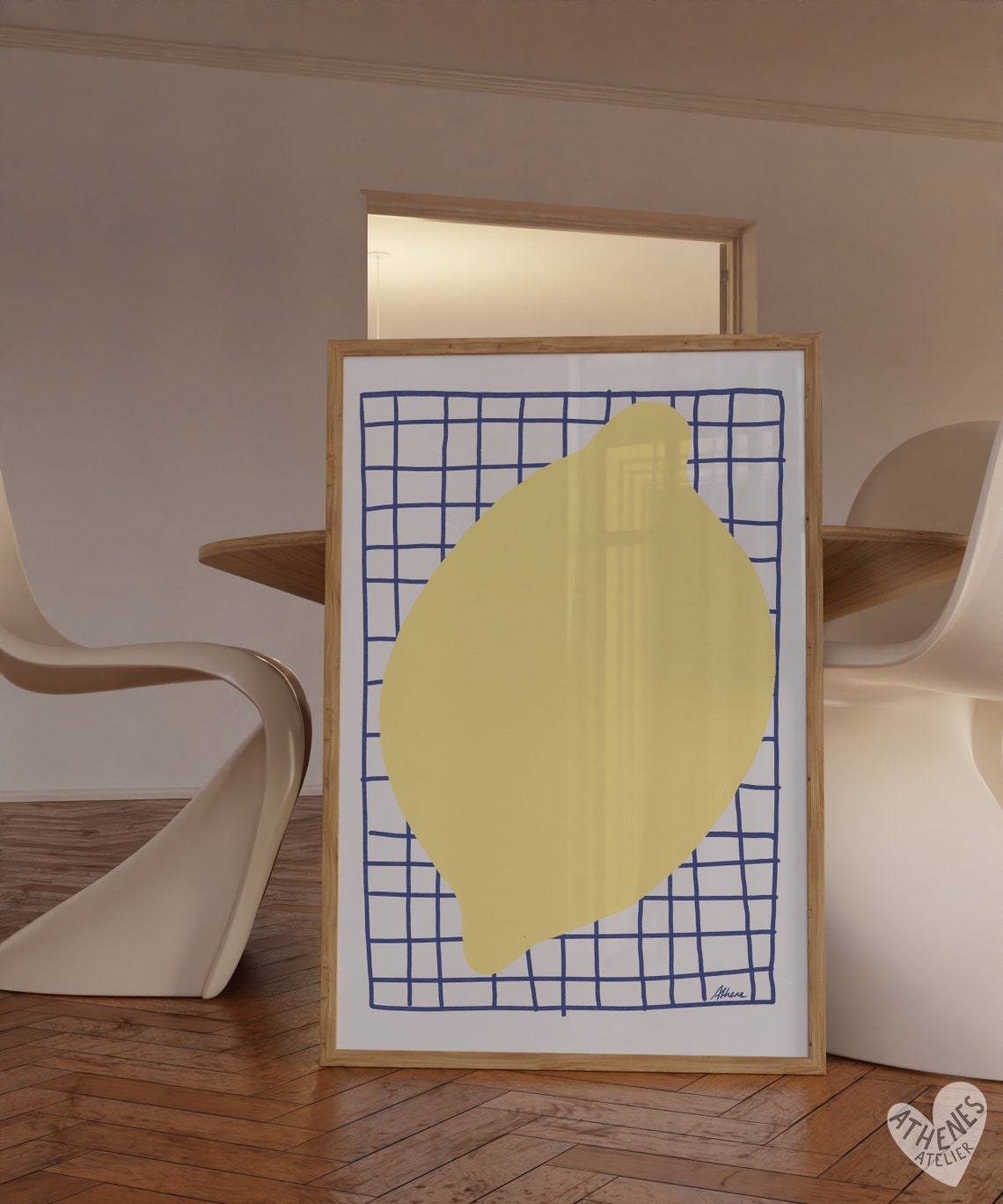 Minimalist Lemon On Navy Grid Bold Abstract Kitchen Art Poster