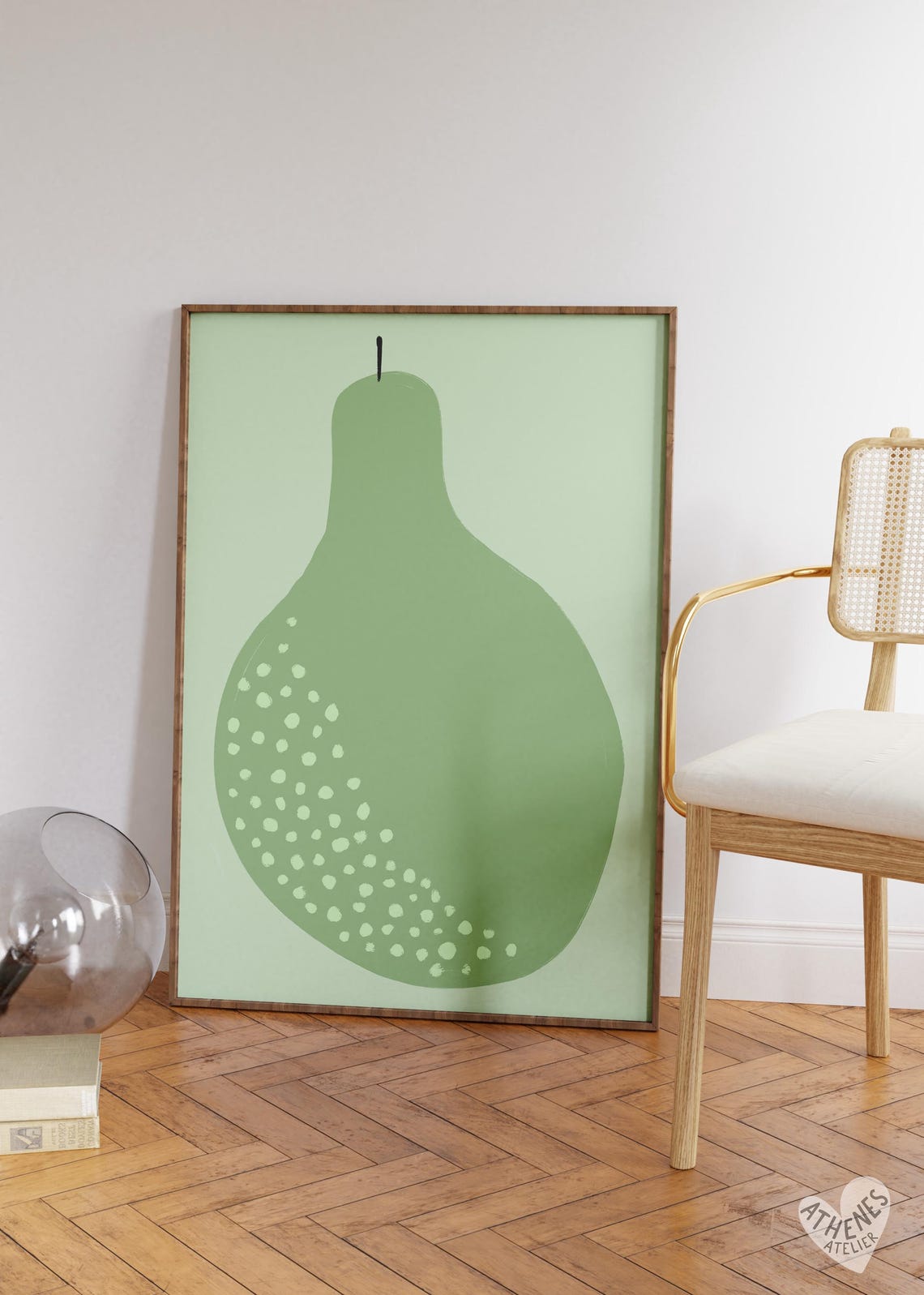 Minimalist Fresh Green Pear Dotted Mid Century Kitchen Art Poster