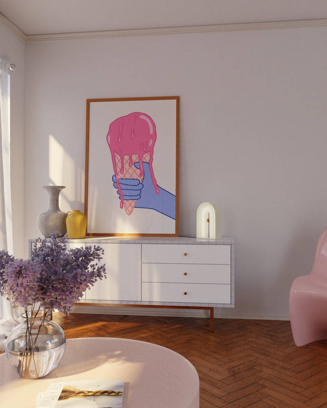 Melting Pink Ice Cream Cone Held By Blue Hand Pop Art Poster - Image 2
