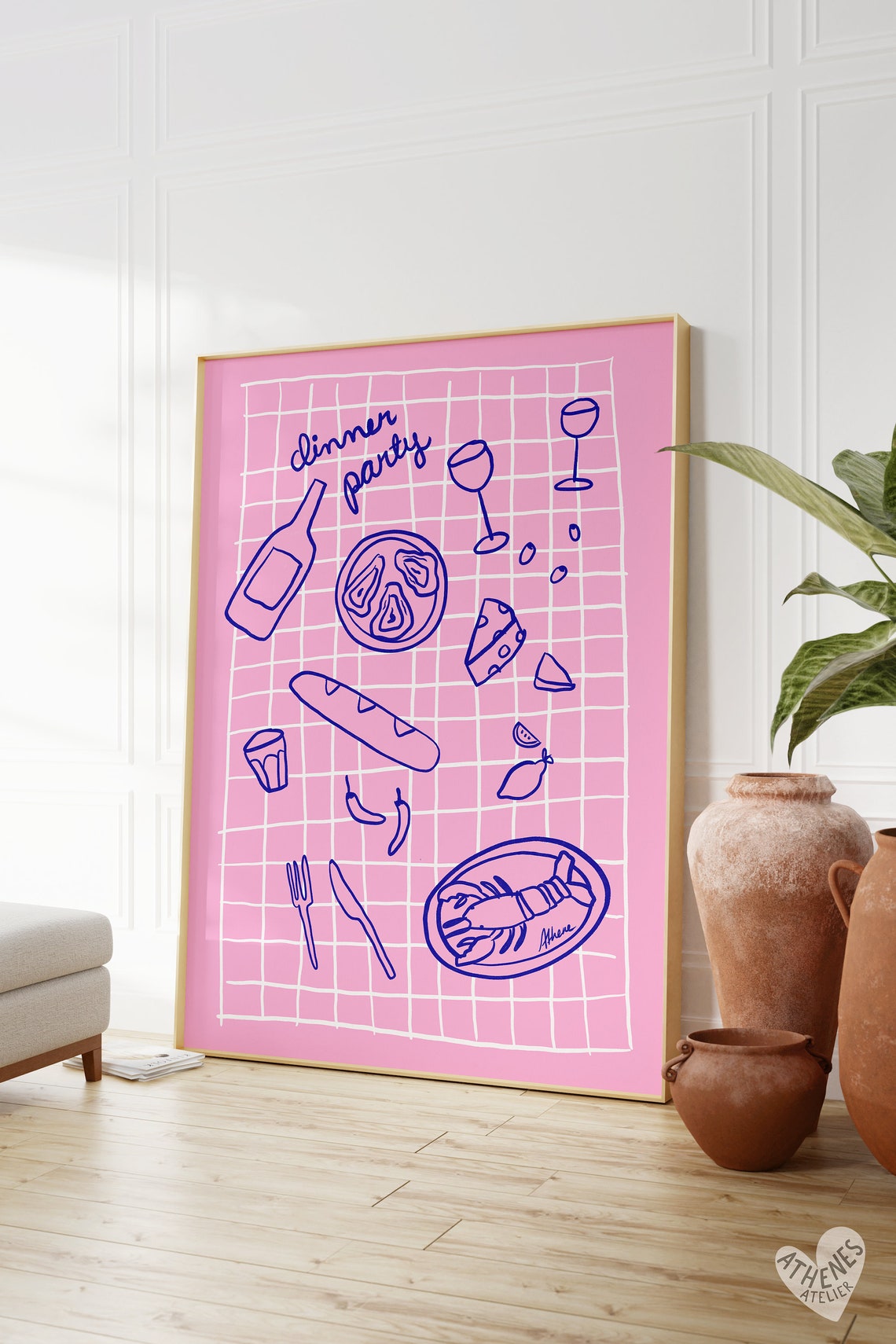 Pink Dinner Party Illustrated Food Table Scandi Style Poster