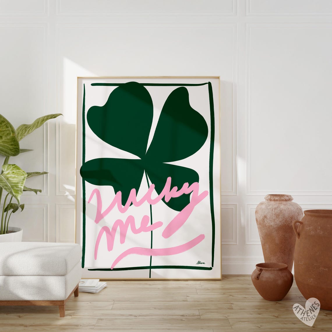 Lucky Me Green Shamrock with Pink Handwritten Script Doodle Poster