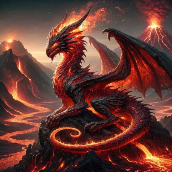 Volcano Dragon Fantasy Art, Art Print