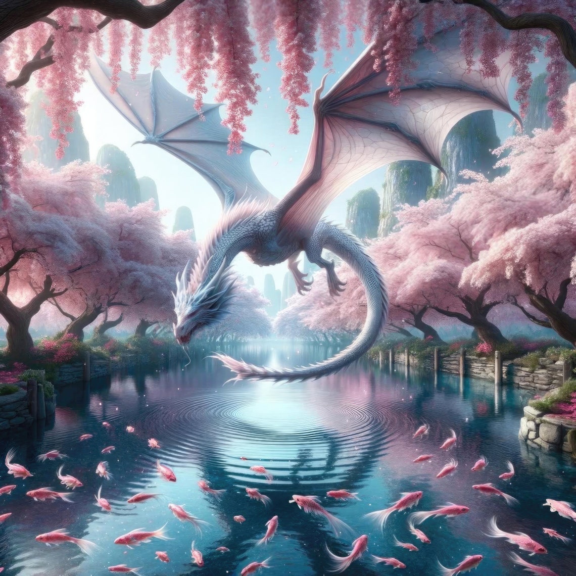 Cherry Blossom Dragon Fantasy Art Print