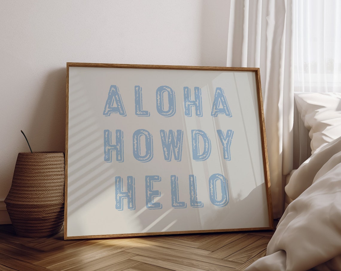 Aloha Howdy Hello Distressed Blue Typography Coastal Beach Poster