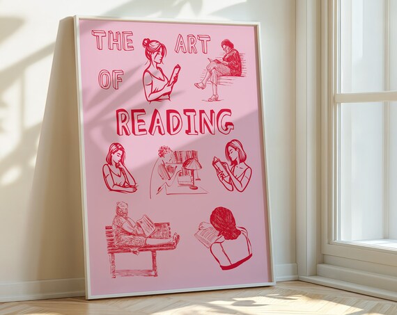 The Art Of Reading Red Pink Women Reading Illustration Poster
