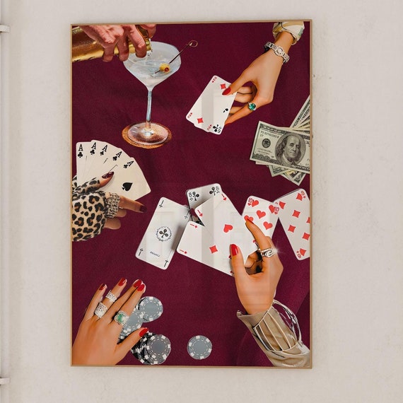 Vintage Burgundy Playing Cards Wall Print Retro Poker Night Cards Drinks Retro Print Large Bar Cart Decorations