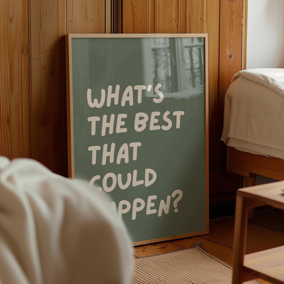 Whats The Best That Could Happen Sage Green Retro Office Affirmation Poster - Image 3