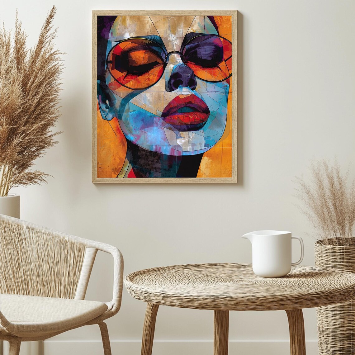 Geometric Woman Face With Sunglasses Orange Blue Abstract Modern Art Poster - Image 2