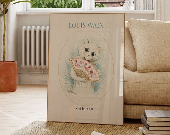 Louis Wain Geisha 1900 White Cat With Fan Antique Art Poster