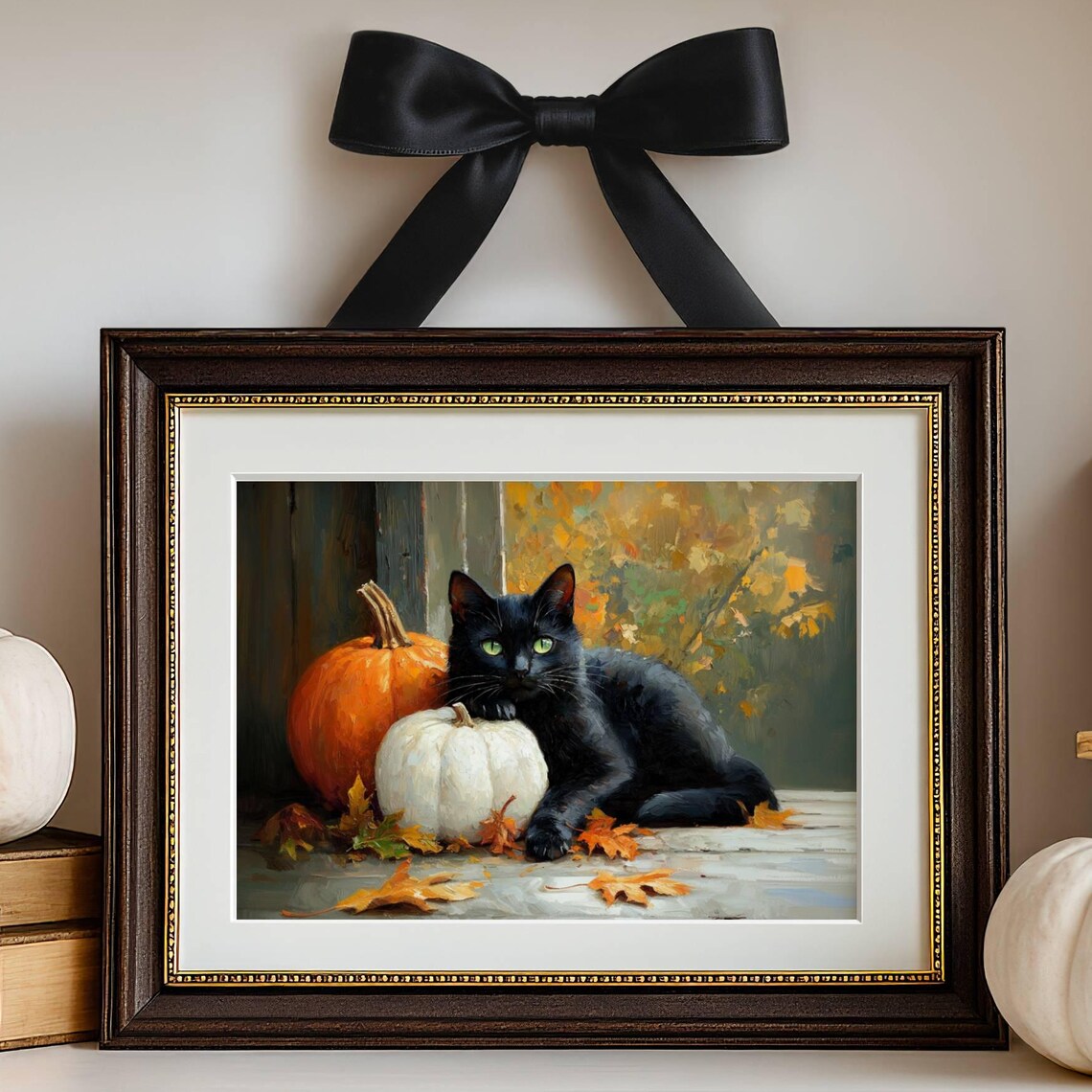 Black Cat and Pumpkins Poster, Farmhouse Autumn Art