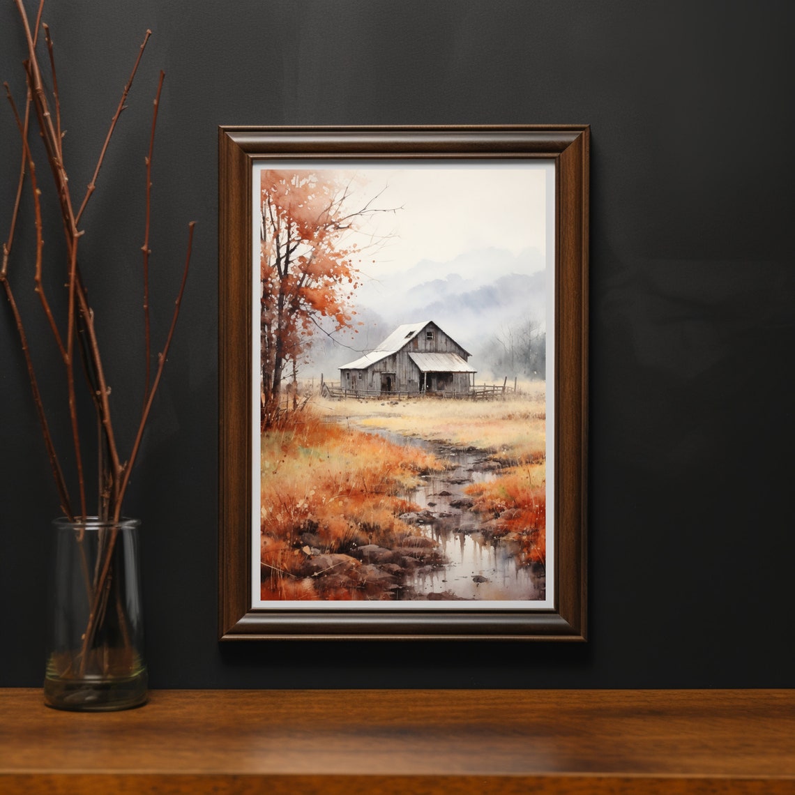 Rustic Barn Watercolor Print, Autumn Mountain Landscape